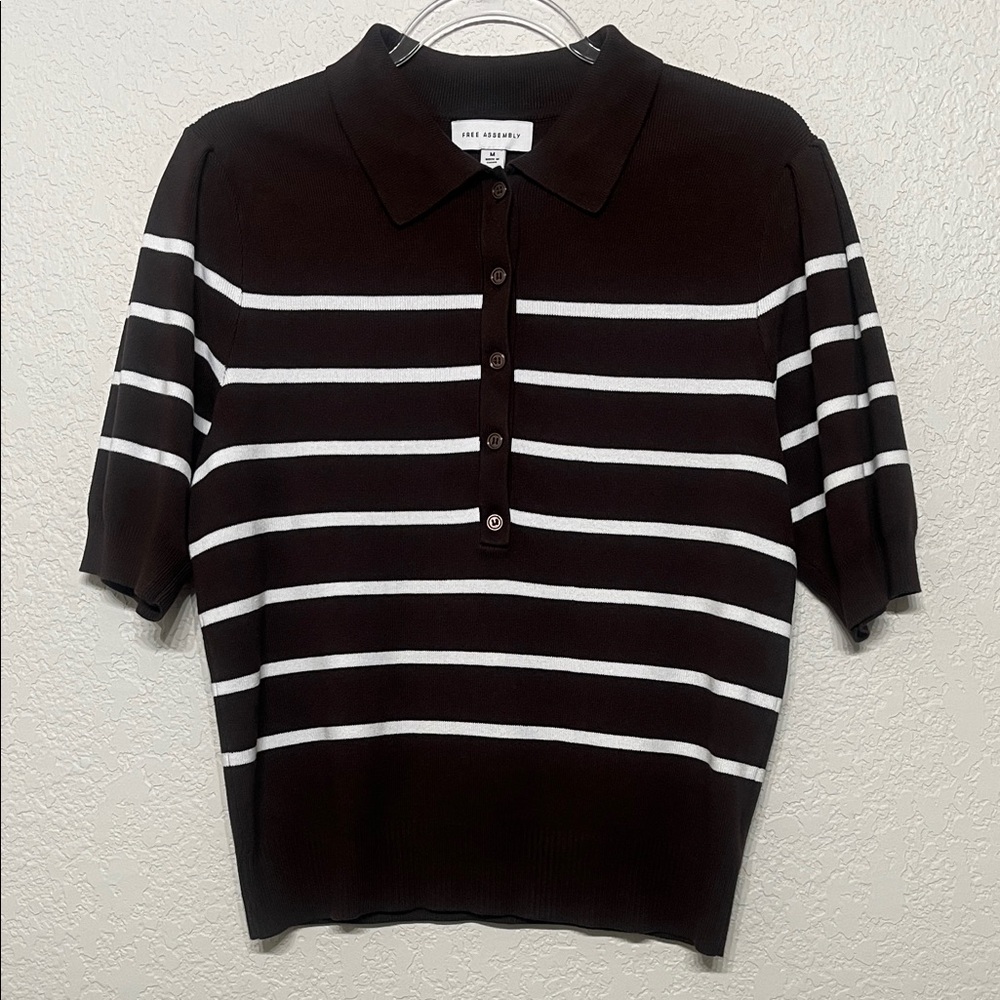 Free Assembly Women’s Size Medium Brown & White Striped Short Sleeve Sweater